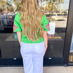 THML - Pink & Green Contrast Embroidery Blouse-200 Fashion Blouses-THML-July & June Women's Fashion Boutique Located in San Antonio, Texas