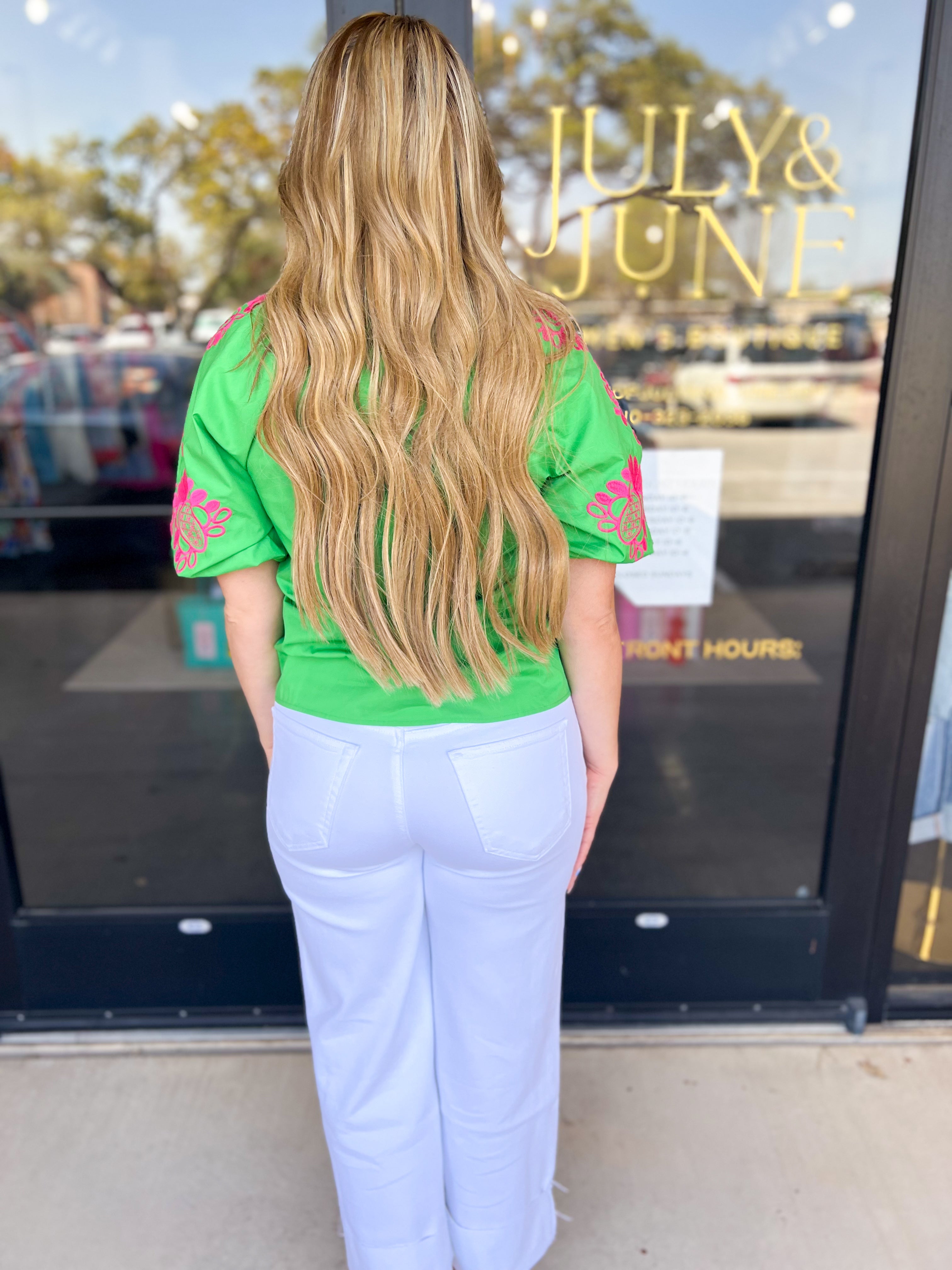 THML - Pink & Green Contrast Embroidery Blouse-200 Fashion Blouses-THML-July & June Women's Fashion Boutique Located in San Antonio, Texas
