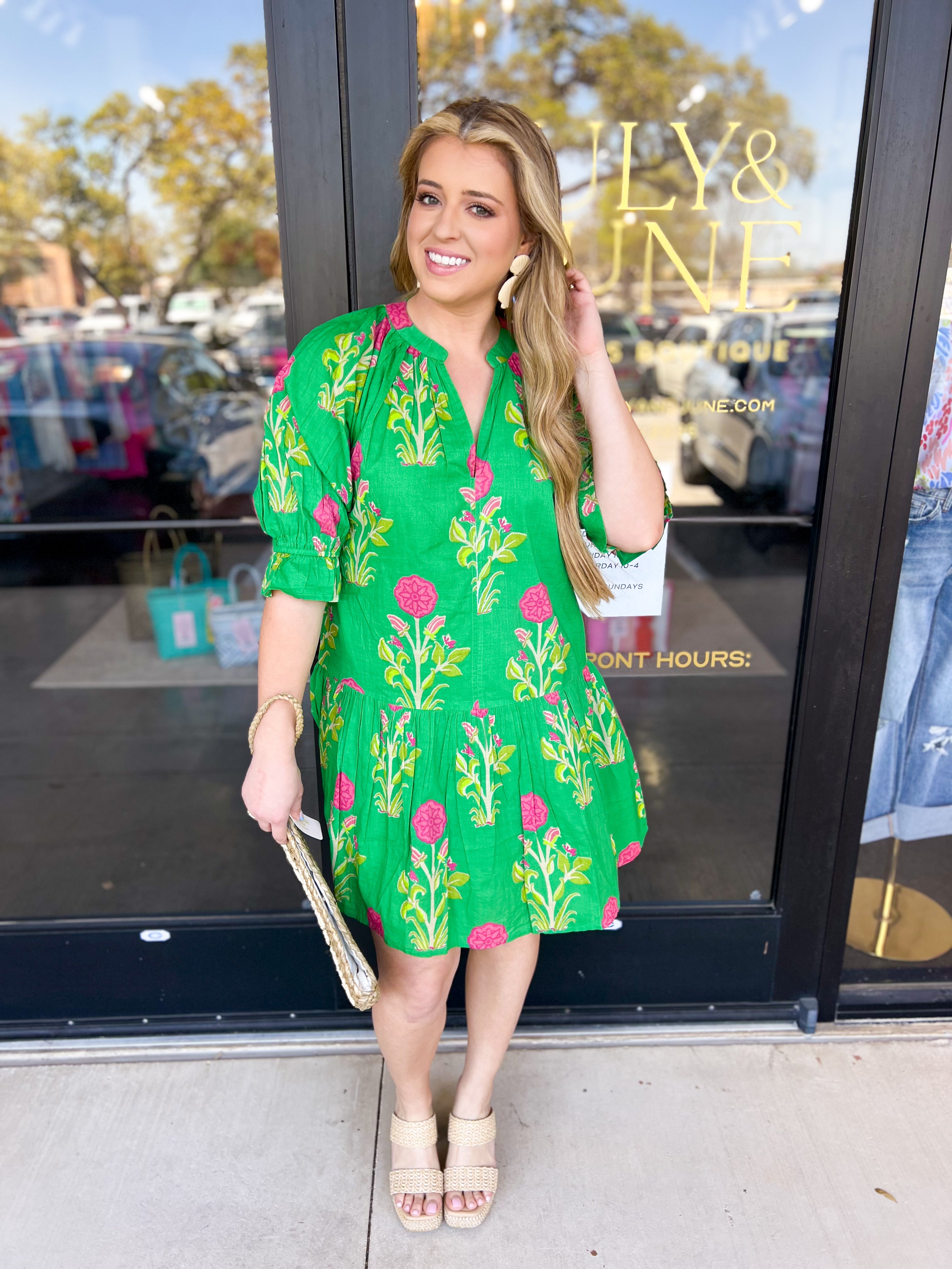 THML - Kelly Green Garden Mini Dress-510 Mini-THML-July & June Women's Fashion Boutique Located in San Antonio, Texas