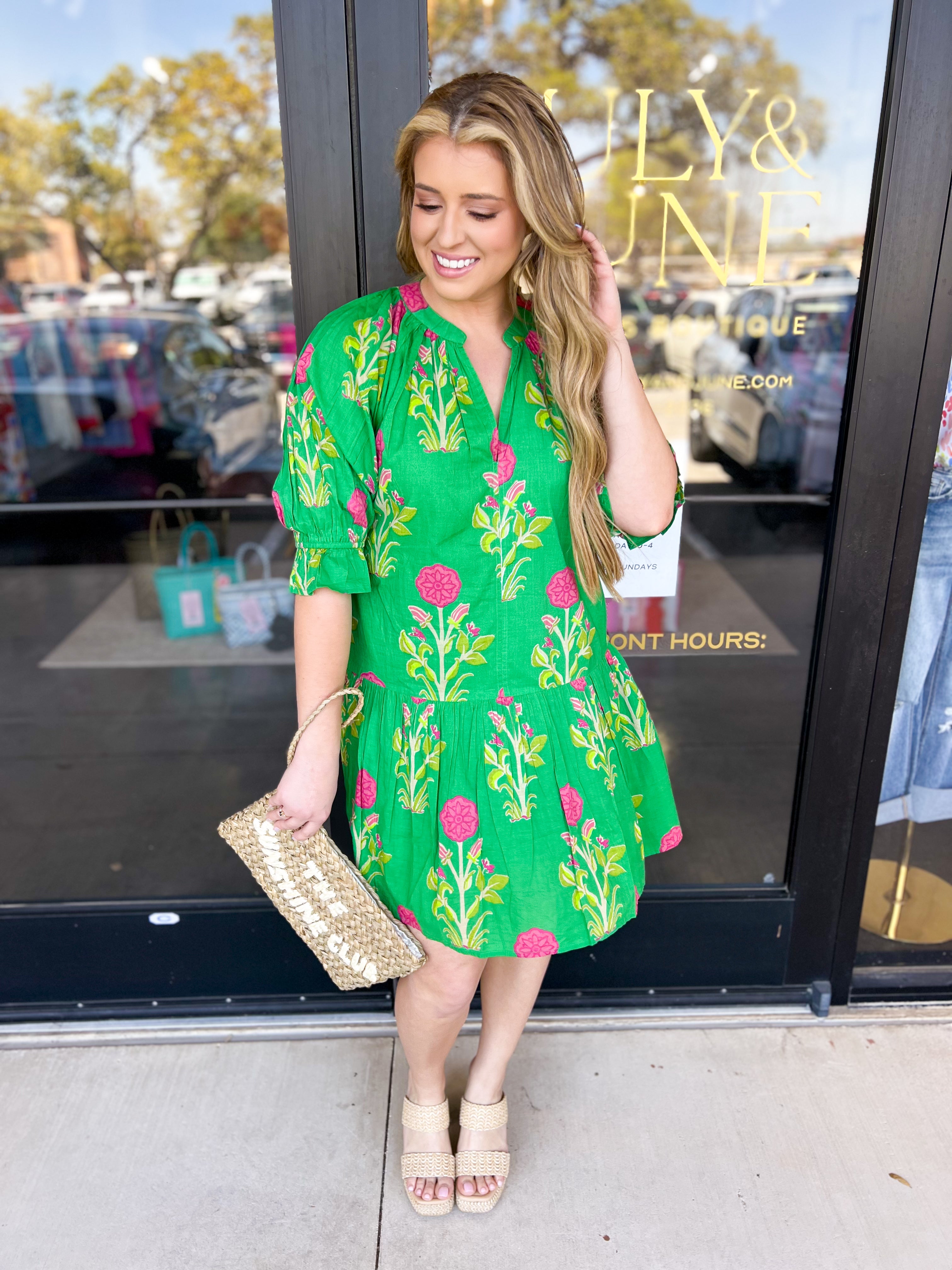 THML - Kelly Green Garden Mini Dress-510 Mini-THML-July & June Women's Fashion Boutique Located in San Antonio, Texas