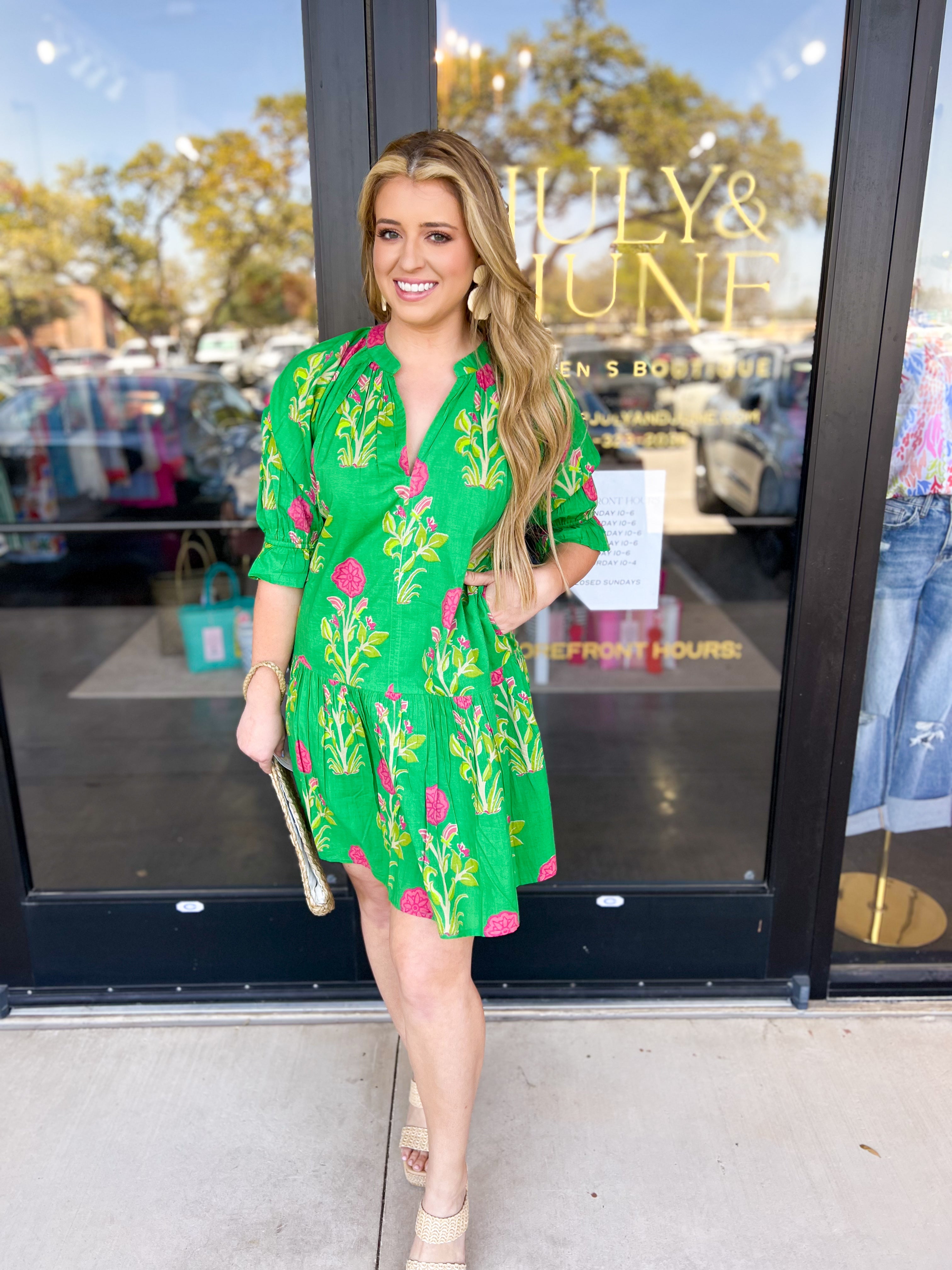 THML - Kelly Green Garden Mini Dress-510 Mini-THML-July & June Women's Fashion Boutique Located in San Antonio, Texas
