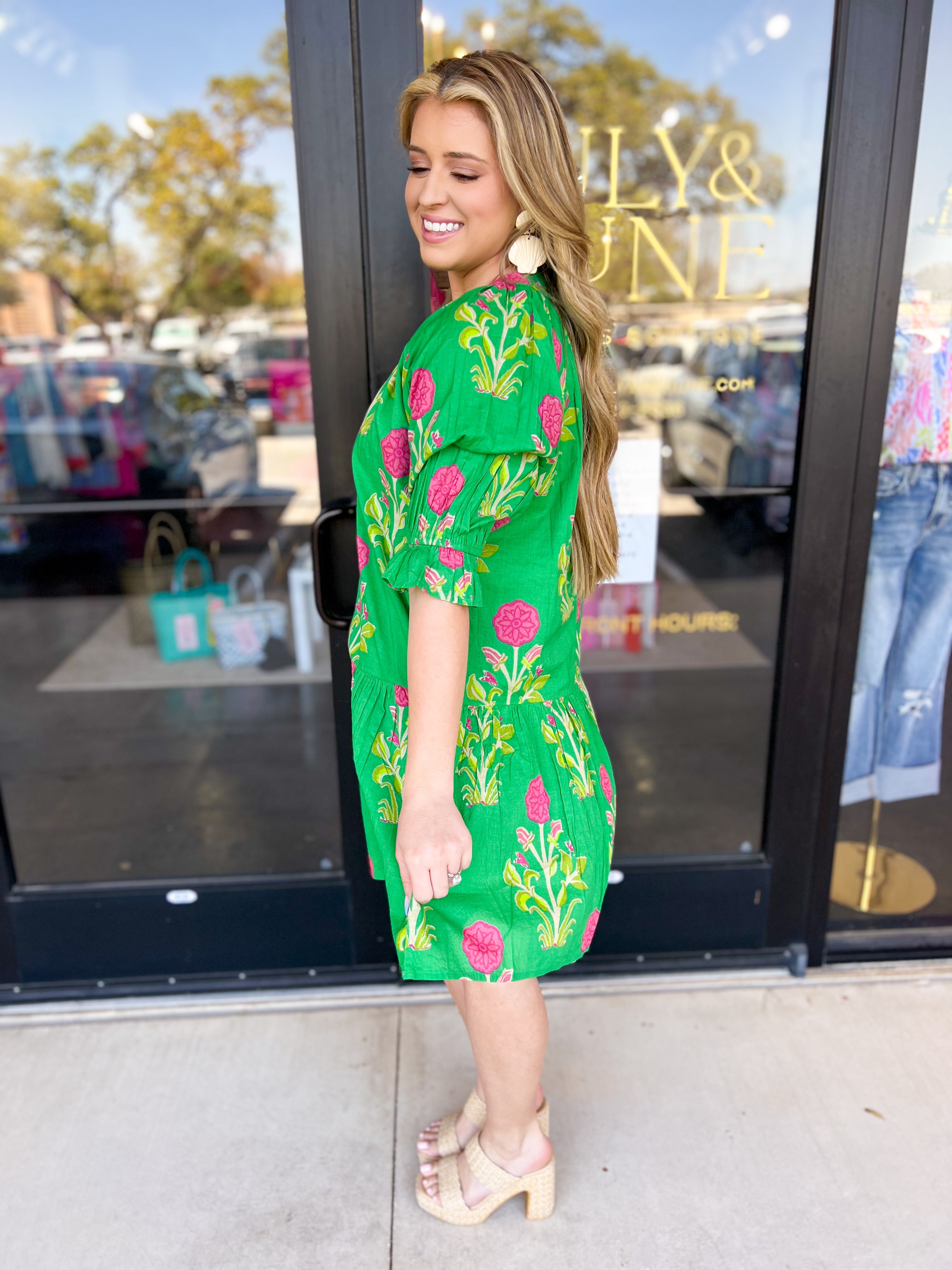 THML - Kelly Green Garden Mini Dress-510 Mini-THML-July & June Women's Fashion Boutique Located in San Antonio, Texas
