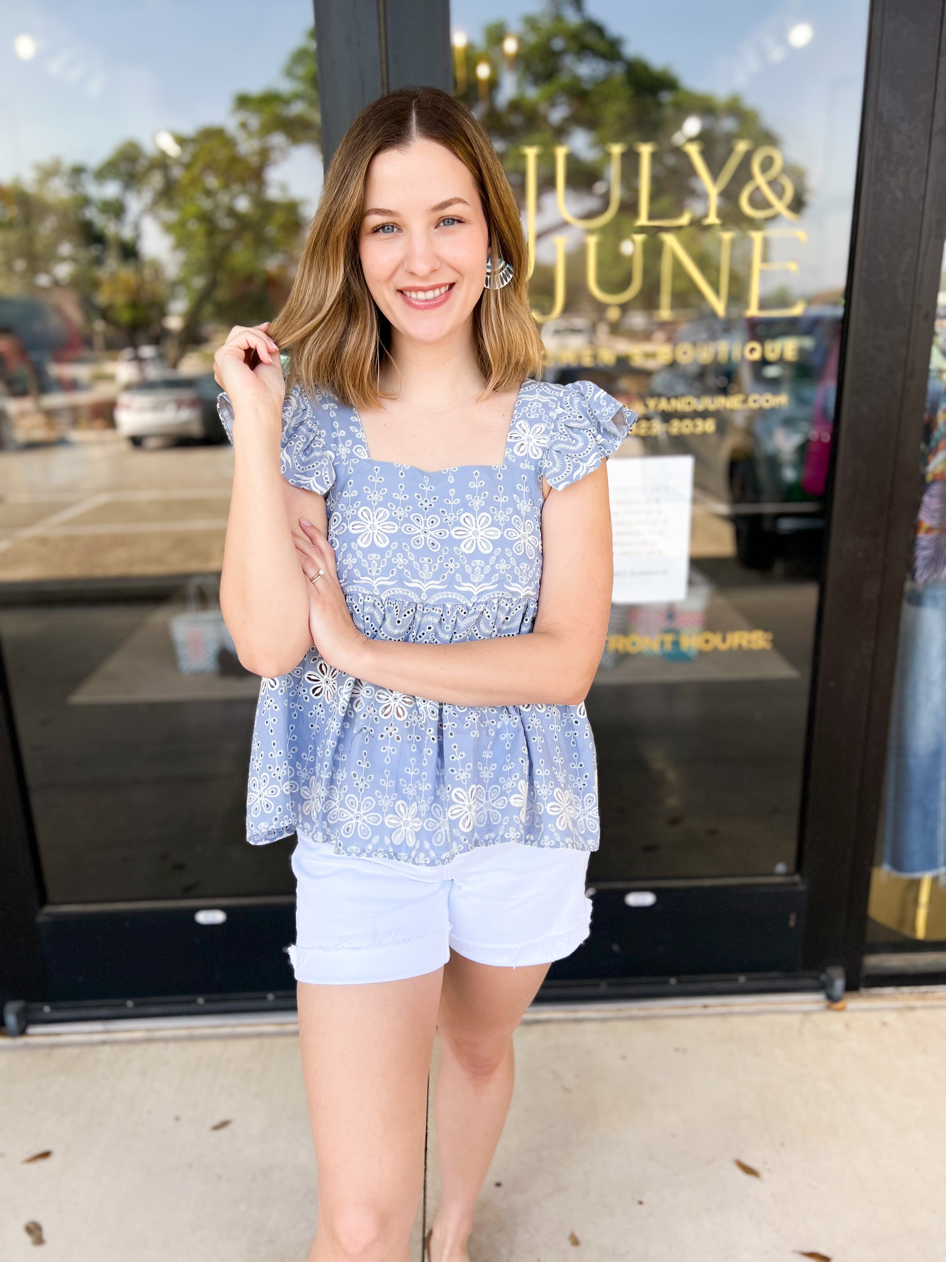 THML - Baby Blue Crochet Cami Blouse-200 Fashion Blouses-THML-July & June Women's Fashion Boutique Located in San Antonio, Texas