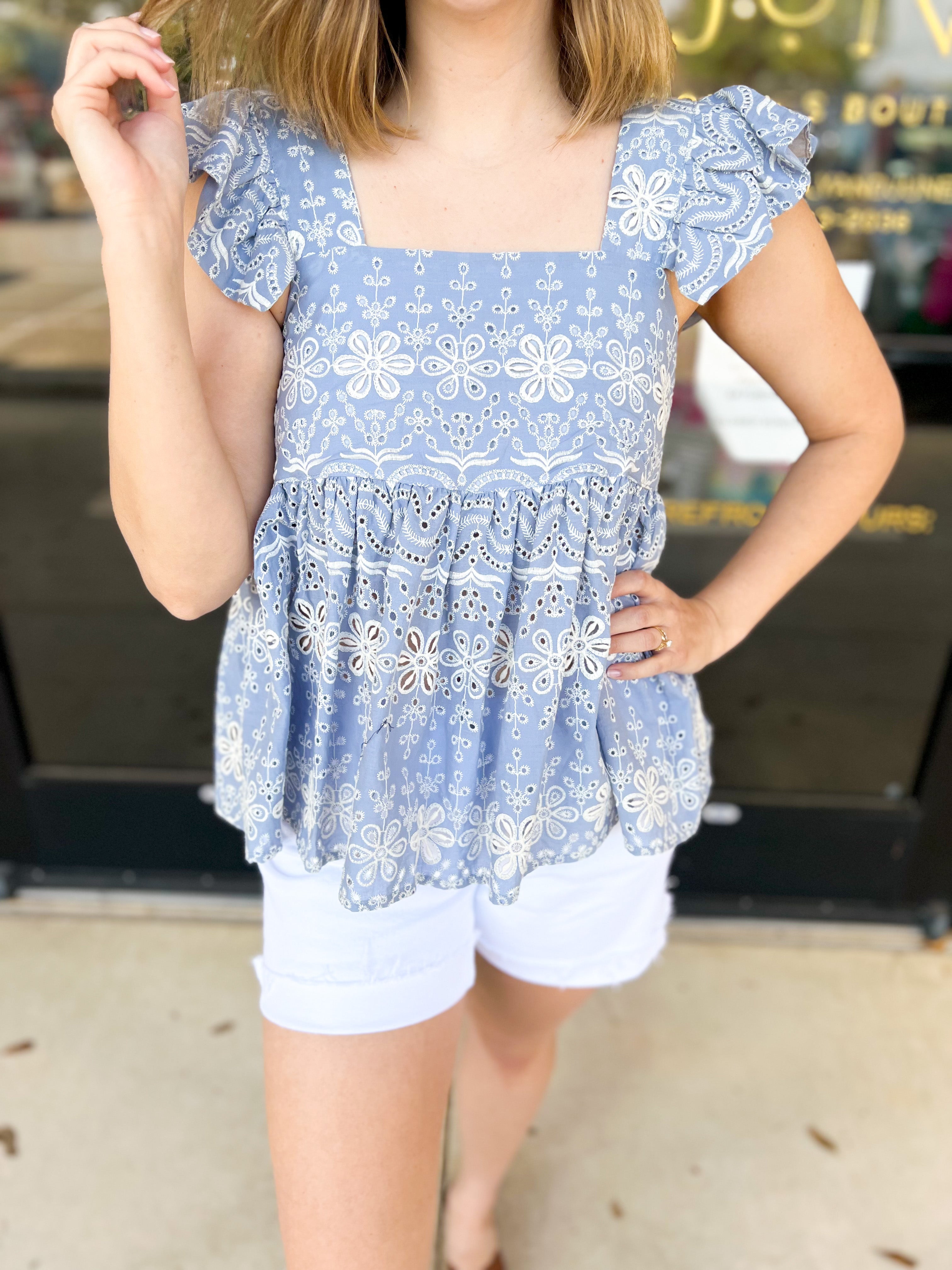 THML - Baby Blue Crochet Cami Blouse-200 Fashion Blouses-THML-July & June Women's Fashion Boutique Located in San Antonio, Texas