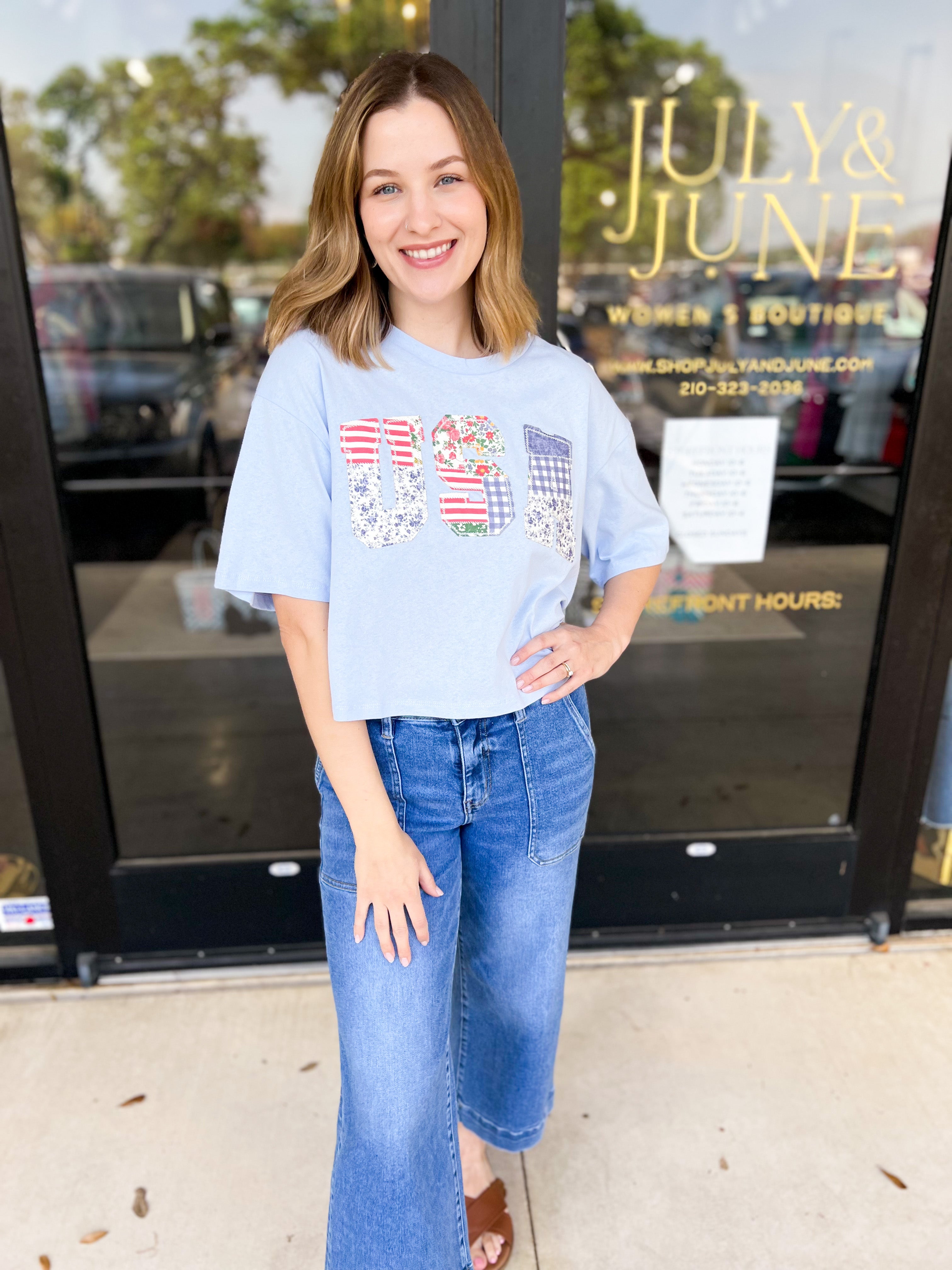 USA Patchwork Tee-210 Casual Blouses-PEACH LOVE-July & June Women's Fashion Boutique Located in San Antonio, Texas