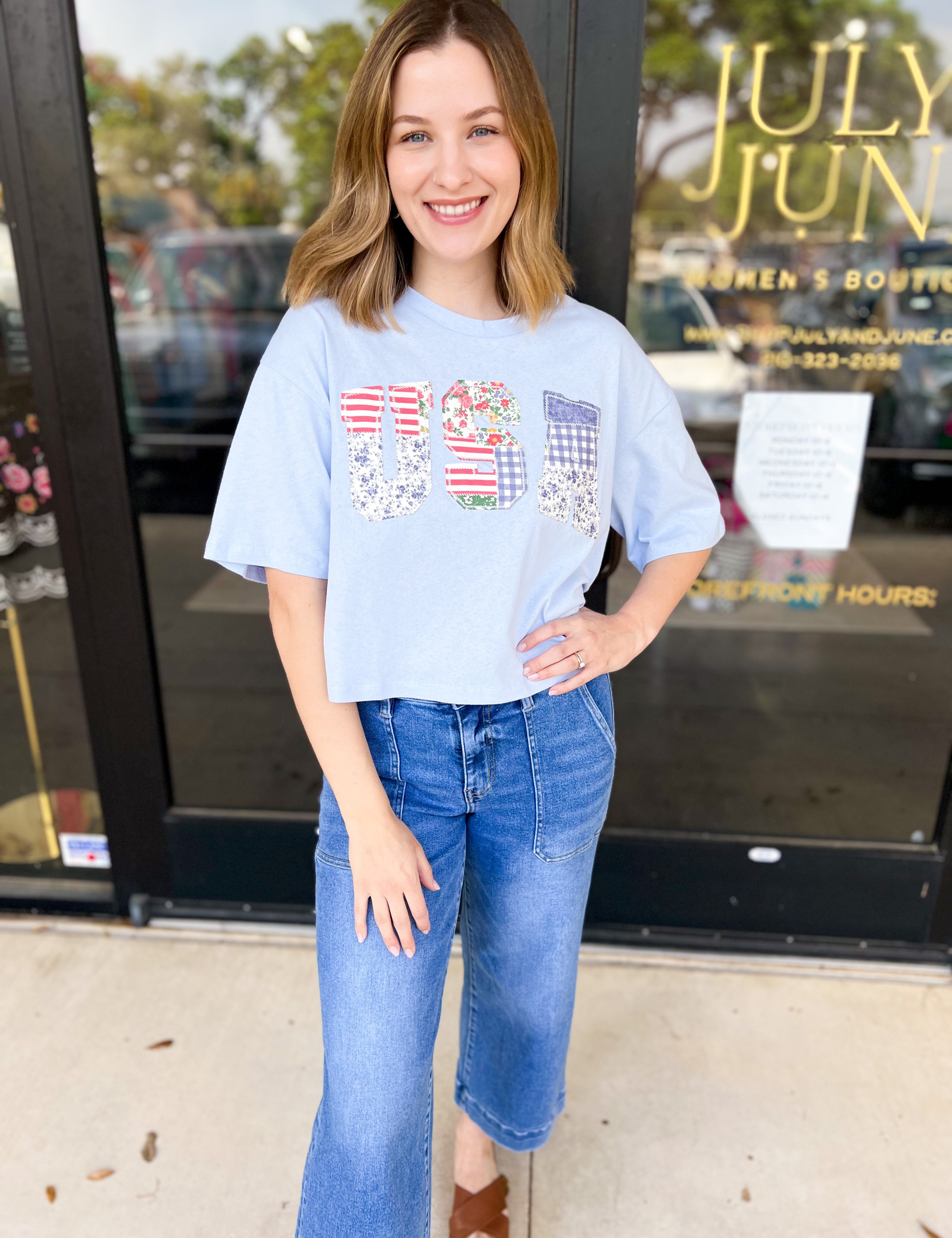 USA Patchwork Tee-210 Casual Blouses-PEACH LOVE-July & June Women's Fashion Boutique Located in San Antonio, Texas