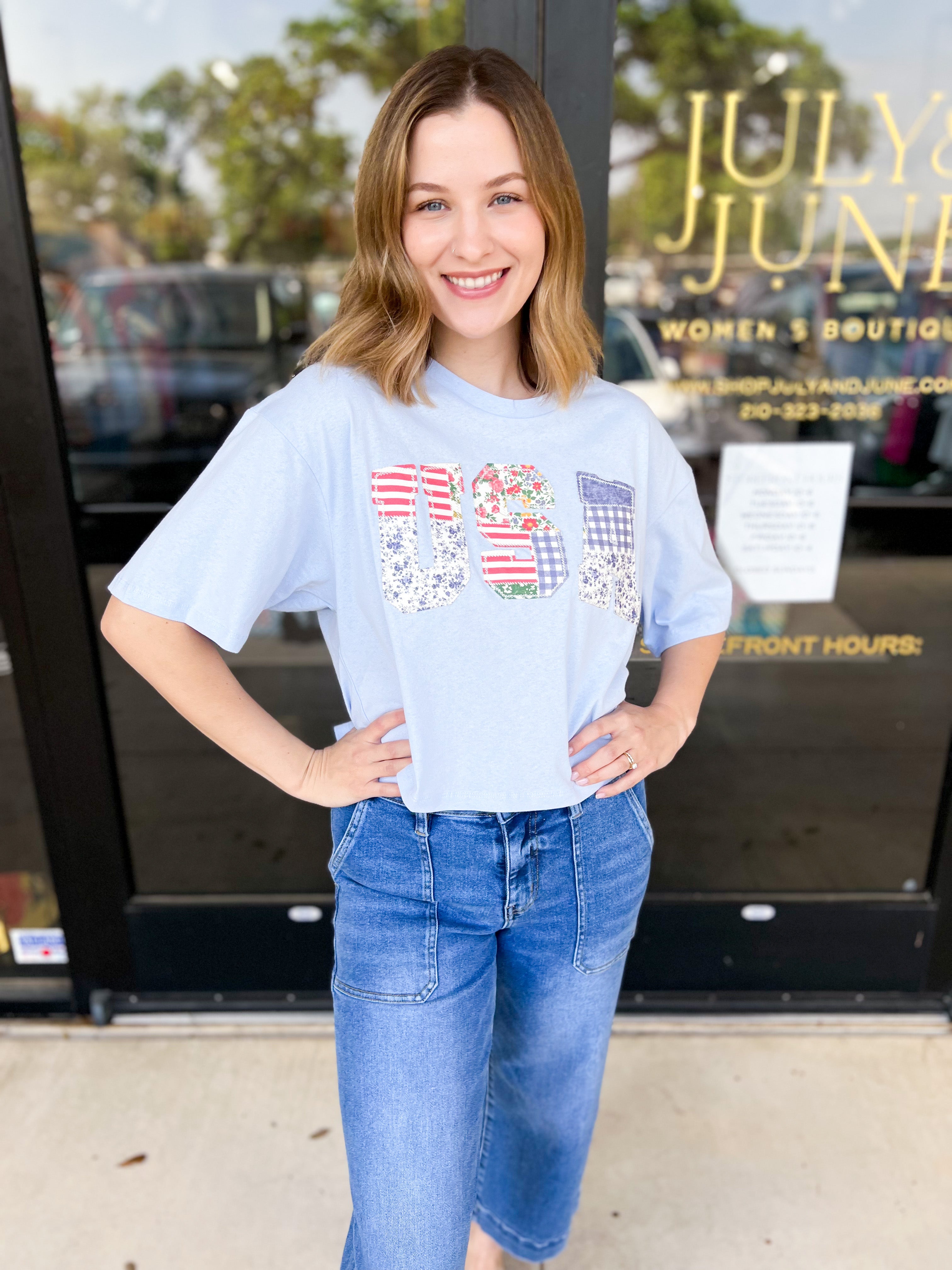 USA Patchwork Tee-210 Casual Blouses-PEACH LOVE-July & June Women's Fashion Boutique Located in San Antonio, Texas