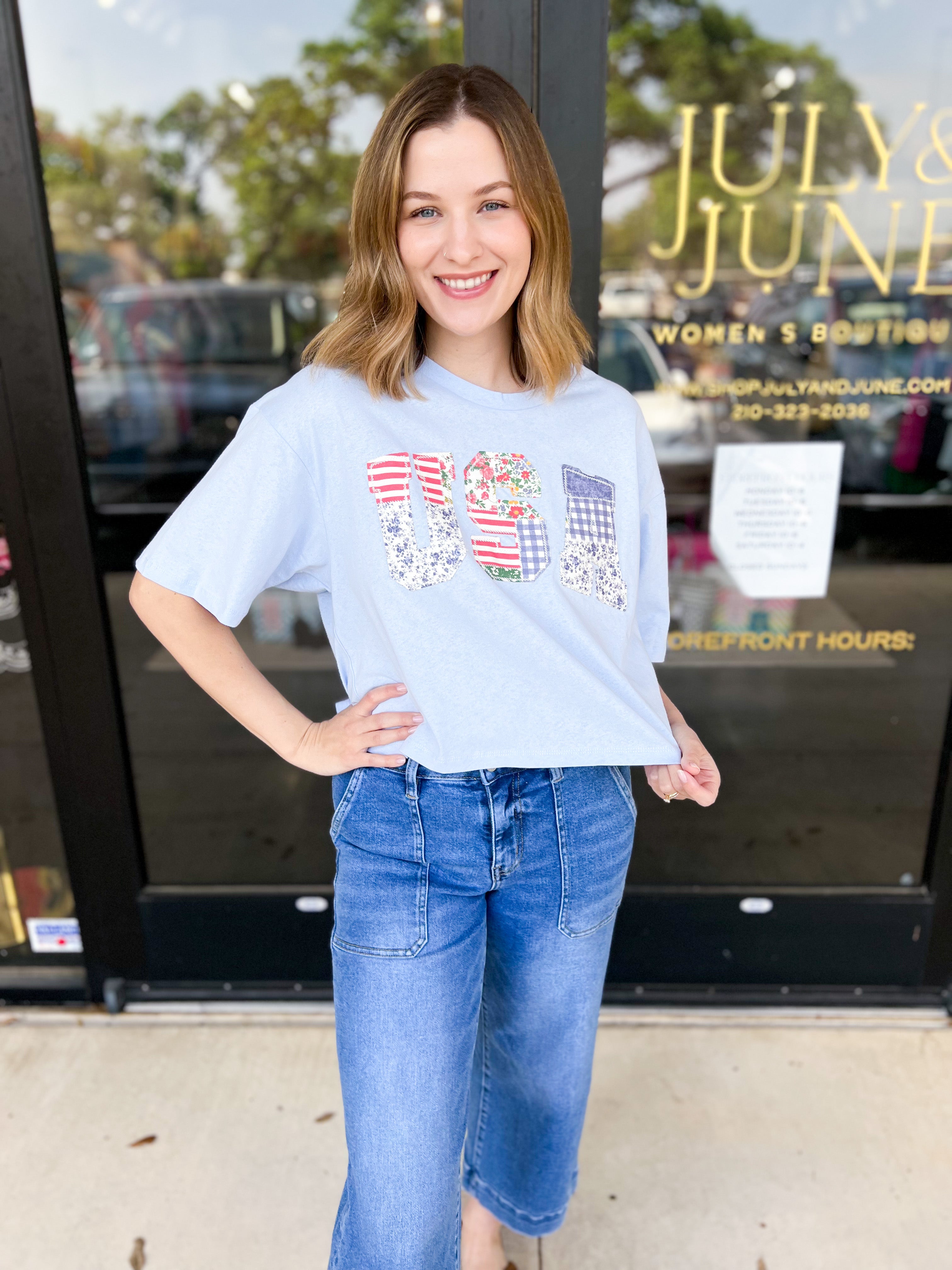 USA Patchwork Tee-210 Casual Blouses-PEACH LOVE-July & June Women's Fashion Boutique Located in San Antonio, Texas