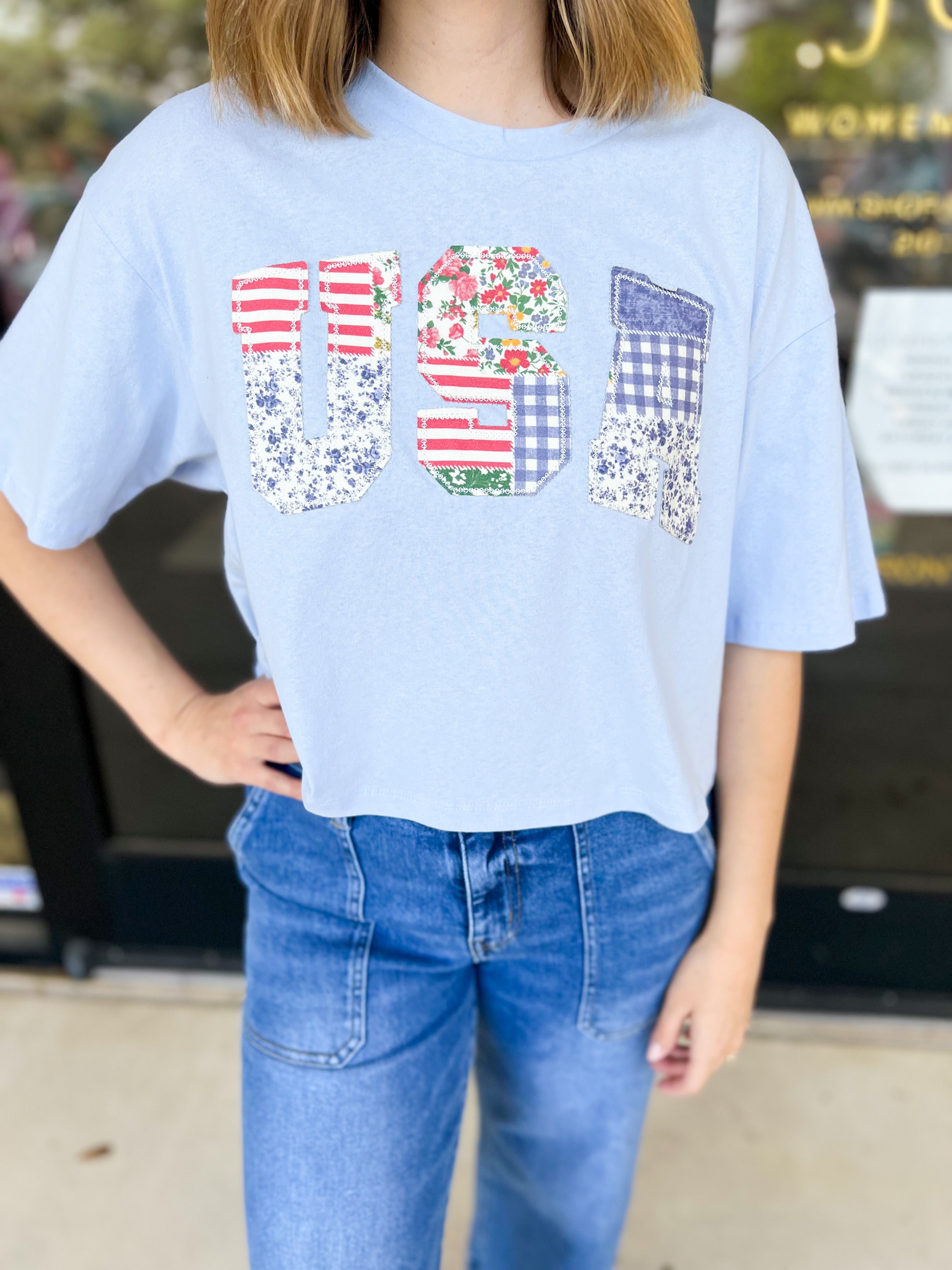USA Patchwork Tee-210 Casual Blouses-PEACH LOVE-July & June Women's Fashion Boutique Located in San Antonio, Texas