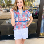 THML - Red, White, & Blue Patchwork Blouse-200 Fashion Blouses-THML-July & June Women's Fashion Boutique Located in San Antonio, Texas