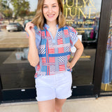 THML - Red, White, & Blue Patchwork Blouse-200 Fashion Blouses-THML-July & June Women's Fashion Boutique Located in San Antonio, Texas