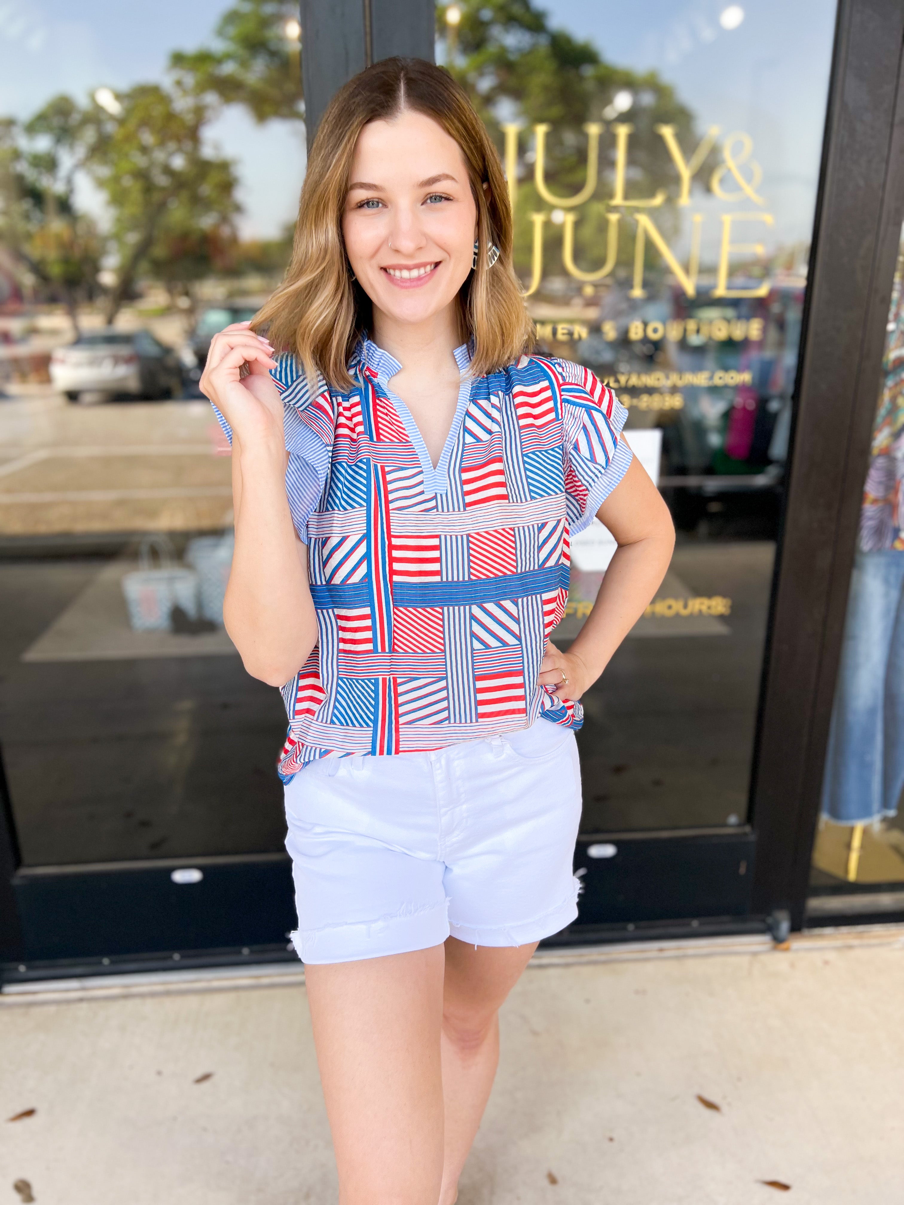 THML - Red, White, & Blue Patchwork Blouse-200 Fashion Blouses-THML-July & June Women's Fashion Boutique Located in San Antonio, Texas