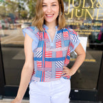 THML - Red, White, & Blue Patchwork Blouse-200 Fashion Blouses-THML-July & June Women's Fashion Boutique Located in San Antonio, Texas