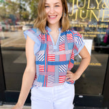 THML - Red, White, & Blue Patchwork Blouse-200 Fashion Blouses-THML-July & June Women's Fashion Boutique Located in San Antonio, Texas