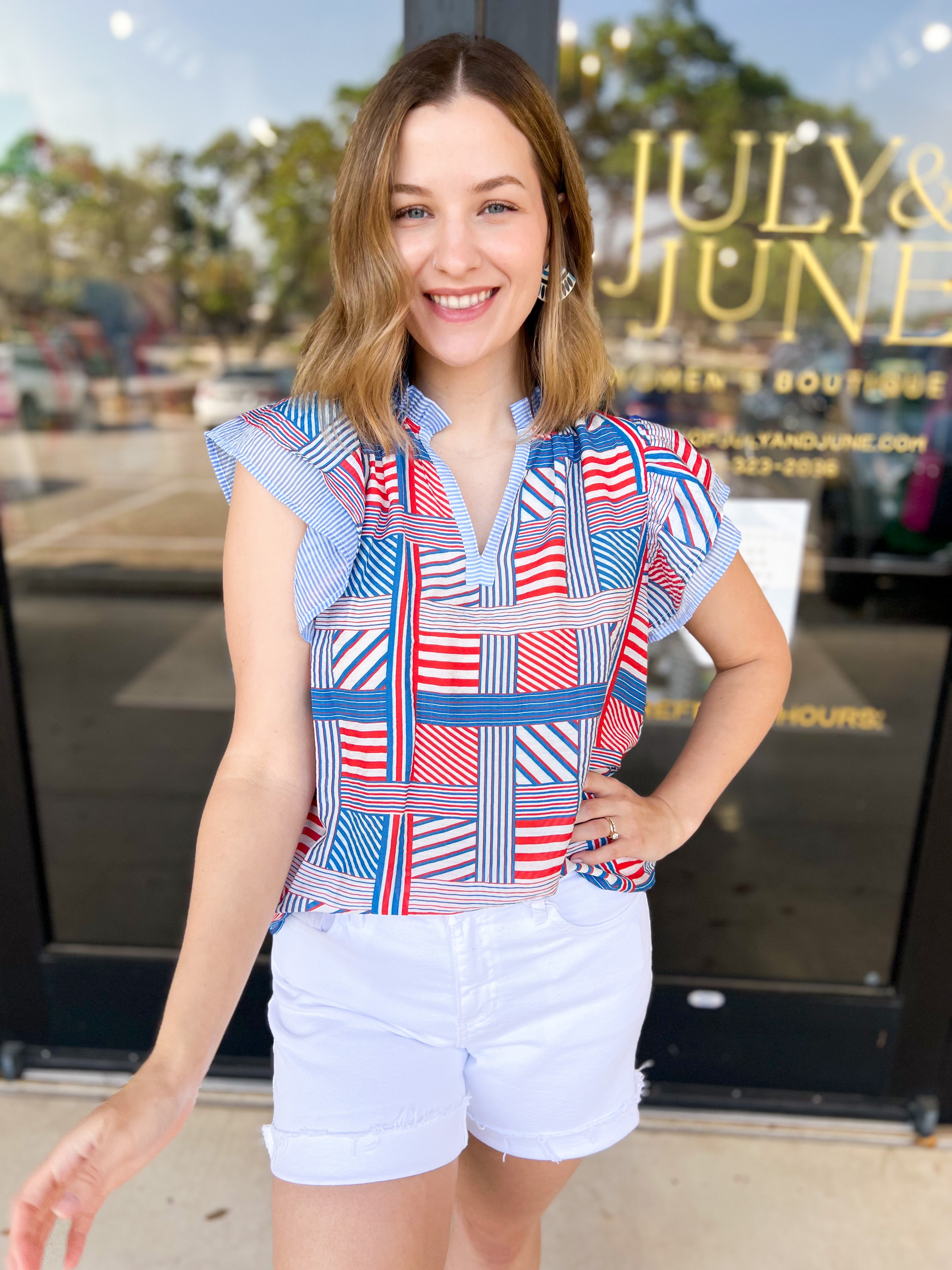 THML - Red, White, & Blue Patchwork Blouse-200 Fashion Blouses-THML-July & June Women's Fashion Boutique Located in San Antonio, Texas