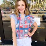 THML - Red, White, & Blue Patchwork Blouse-200 Fashion Blouses-THML-July & June Women's Fashion Boutique Located in San Antonio, Texas