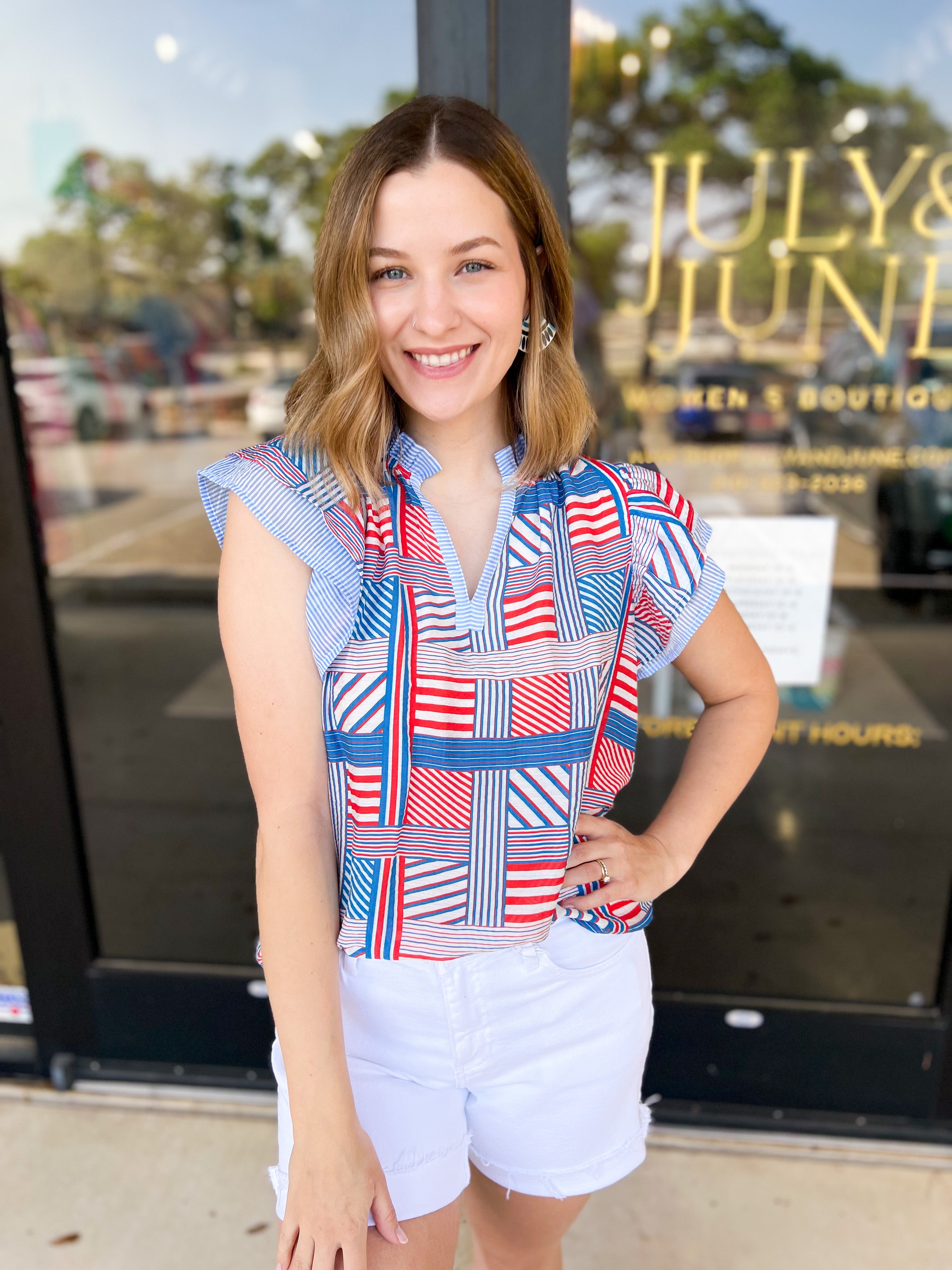 THML - Red, White, & Blue Patchwork Blouse-200 Fashion Blouses-THML-July & June Women's Fashion Boutique Located in San Antonio, Texas