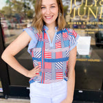 THML - Red, White, & Blue Patchwork Blouse-200 Fashion Blouses-THML-July & June Women's Fashion Boutique Located in San Antonio, Texas