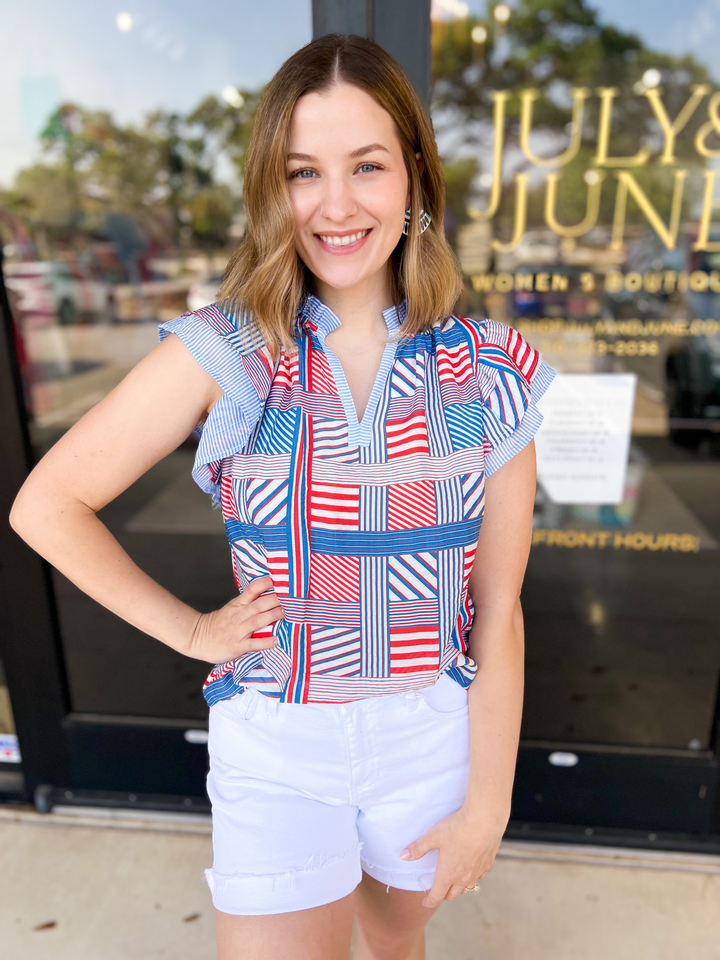 THML - Red, White, & Blue Patchwork Blouse-200 Fashion Blouses-THML-July & June Women's Fashion Boutique Located in San Antonio, Texas