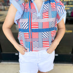 THML - Red, White, & Blue Patchwork Blouse-200 Fashion Blouses-THML-July & June Women's Fashion Boutique Located in San Antonio, Texas