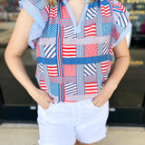 THML - Red, White, & Blue Patchwork Blouse-200 Fashion Blouses-THML-July & June Women's Fashion Boutique Located in San Antonio, Texas