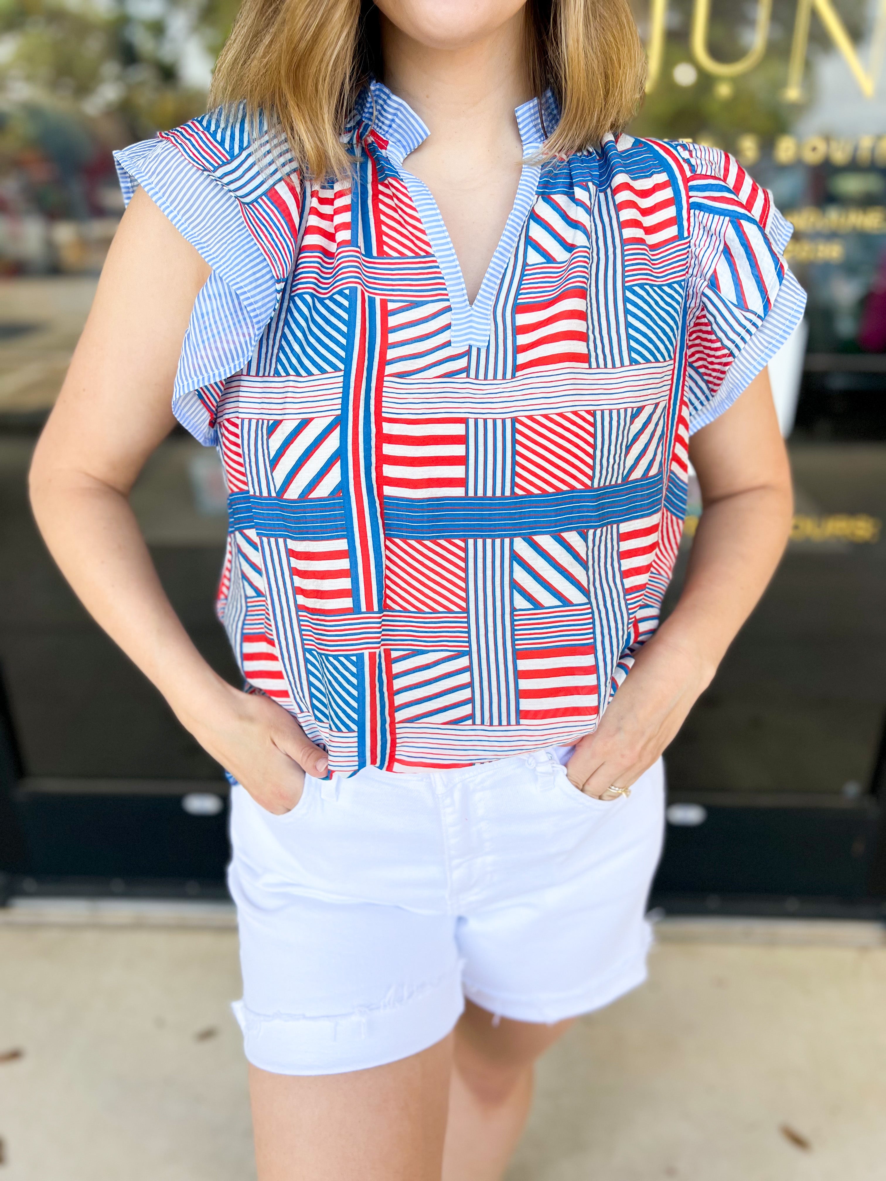 THML - Red, White, & Blue Patchwork Blouse-200 Fashion Blouses-THML-July & June Women's Fashion Boutique Located in San Antonio, Texas