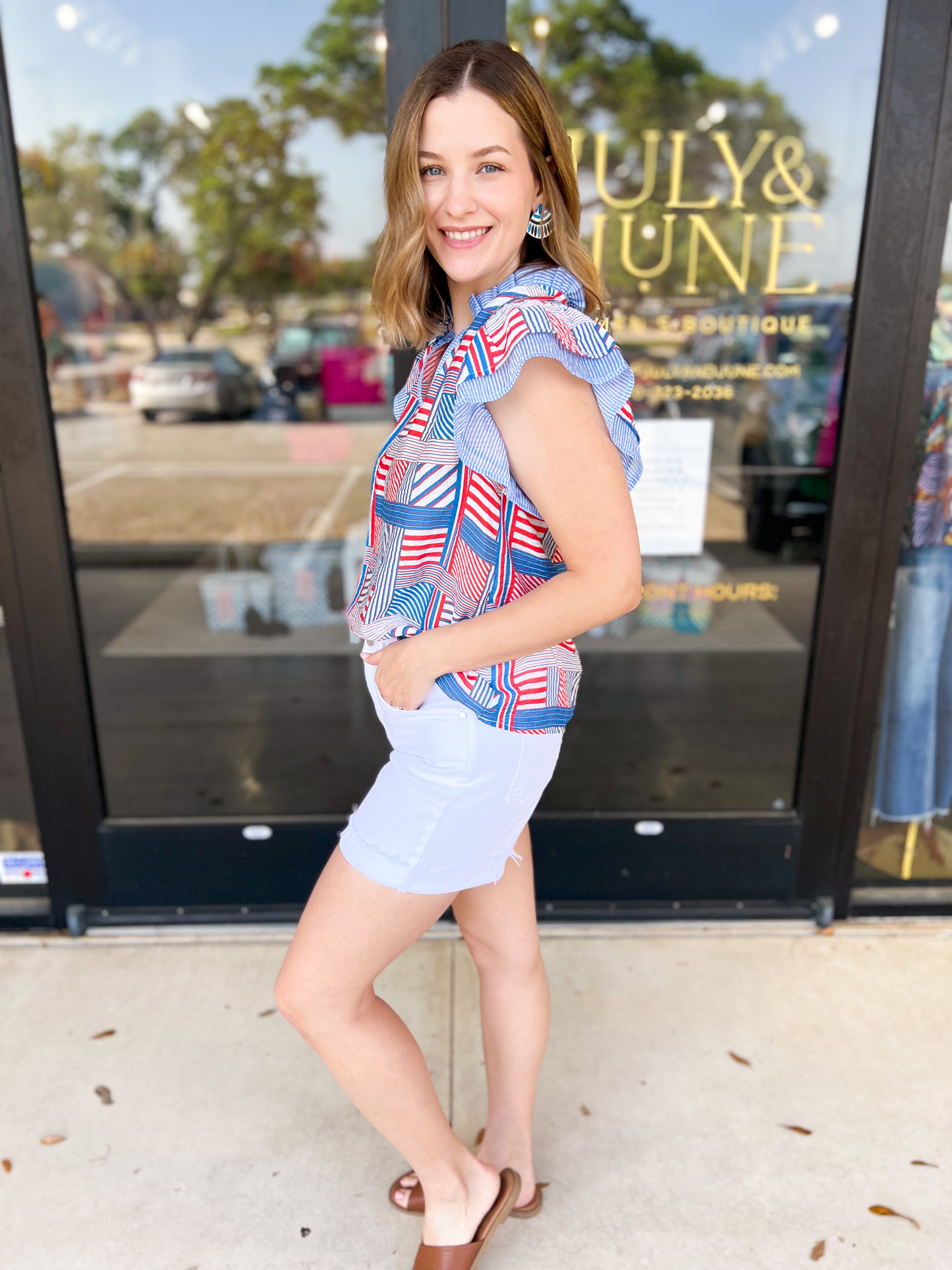 THML - Red, White, & Blue Patchwork Blouse-200 Fashion Blouses-THML-July & June Women's Fashion Boutique Located in San Antonio, Texas