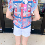 THML - Red, White, & Blue Patchwork Blouse-200 Fashion Blouses-THML-July & June Women's Fashion Boutique Located in San Antonio, Texas