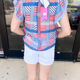 THML - Red, White, & Blue Patchwork Blouse-200 Fashion Blouses-THML-July & June Women's Fashion Boutique Located in San Antonio, Texas