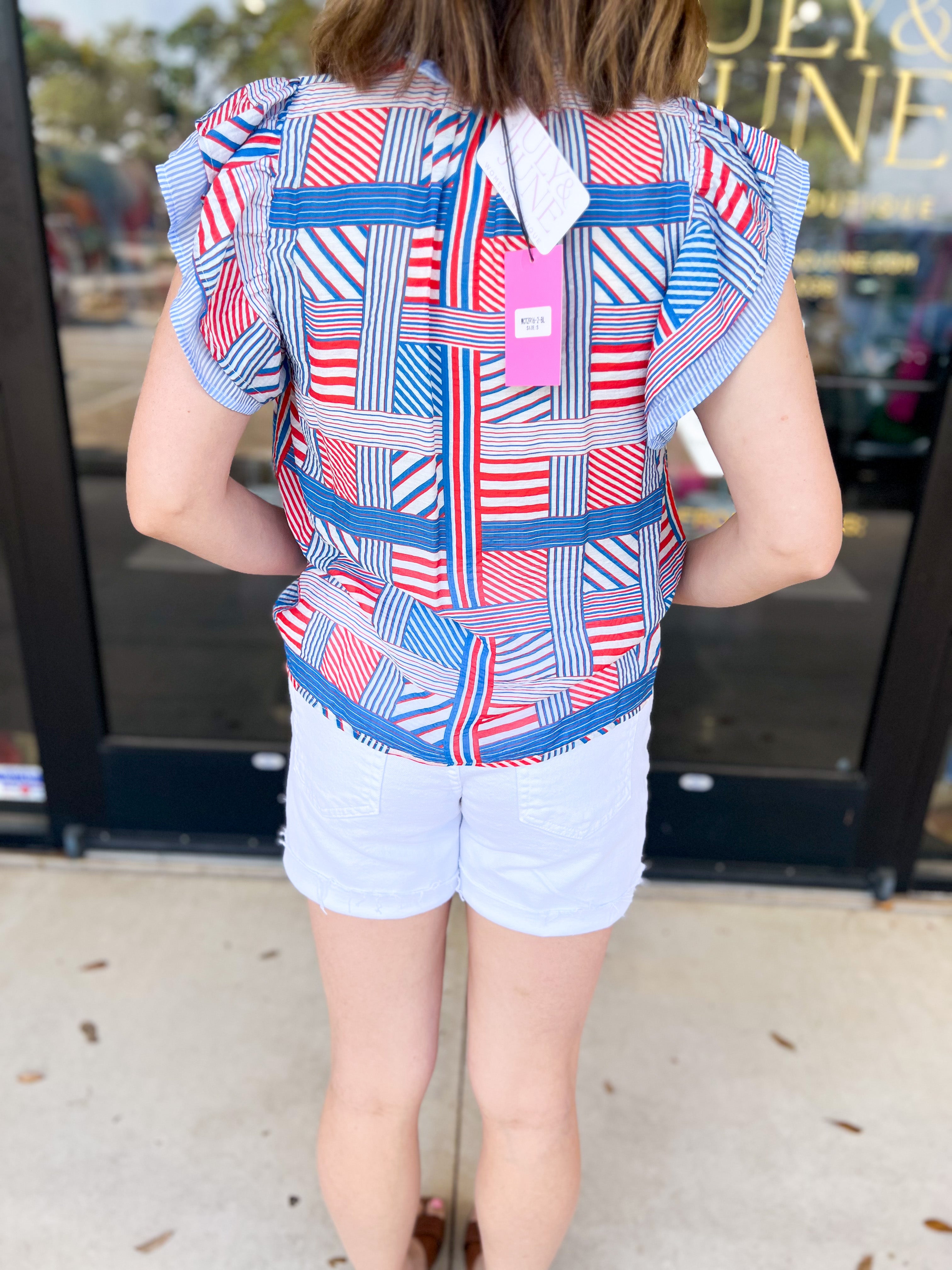 THML - Red, White, & Blue Patchwork Blouse-200 Fashion Blouses-THML-July & June Women's Fashion Boutique Located in San Antonio, Texas