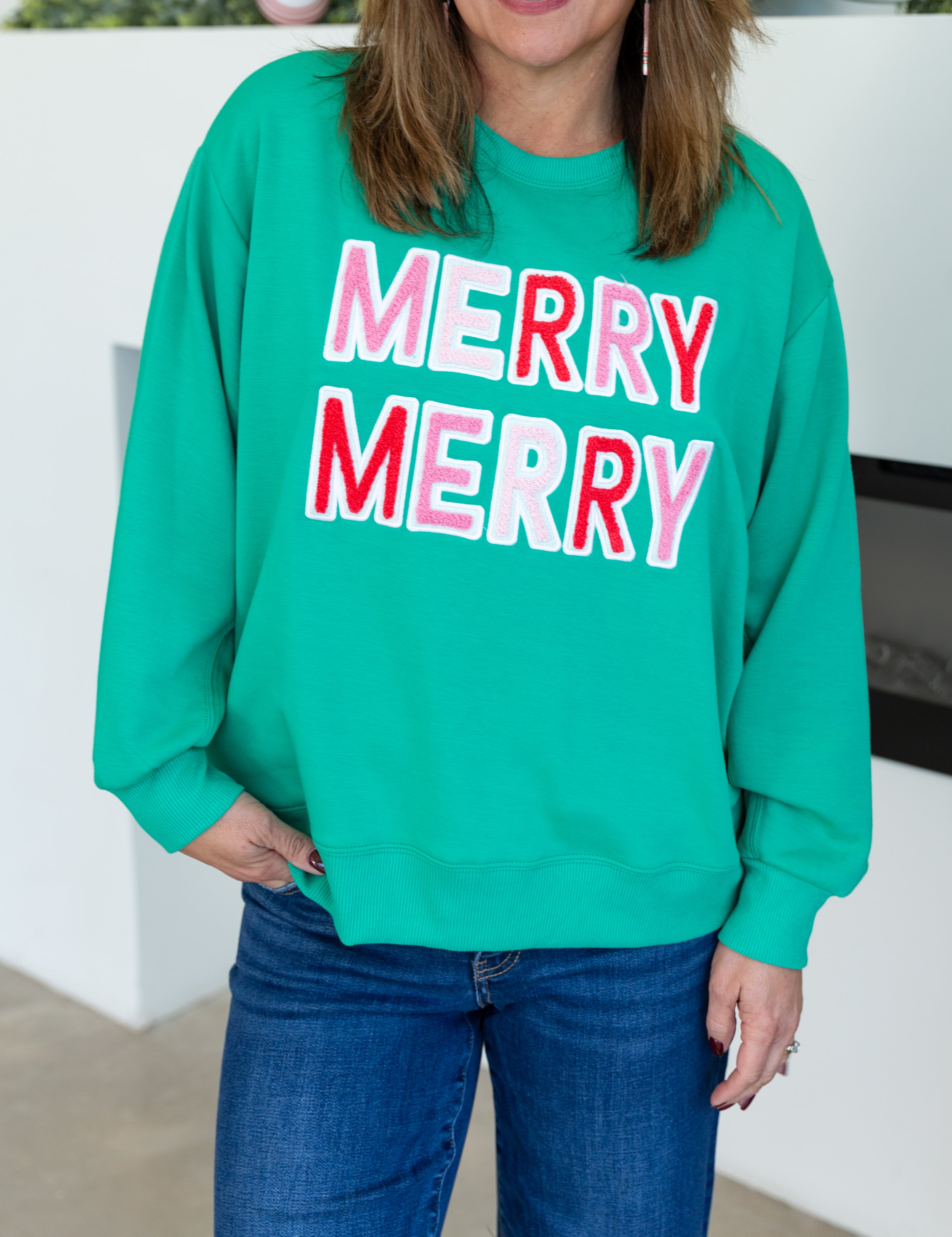 Mary Square - Sarah Merry Merry Sweatshirt-210 Casual Blouses-MARY SQUARE-July & June Women's Fashion Boutique Located in San Antonio, Texas