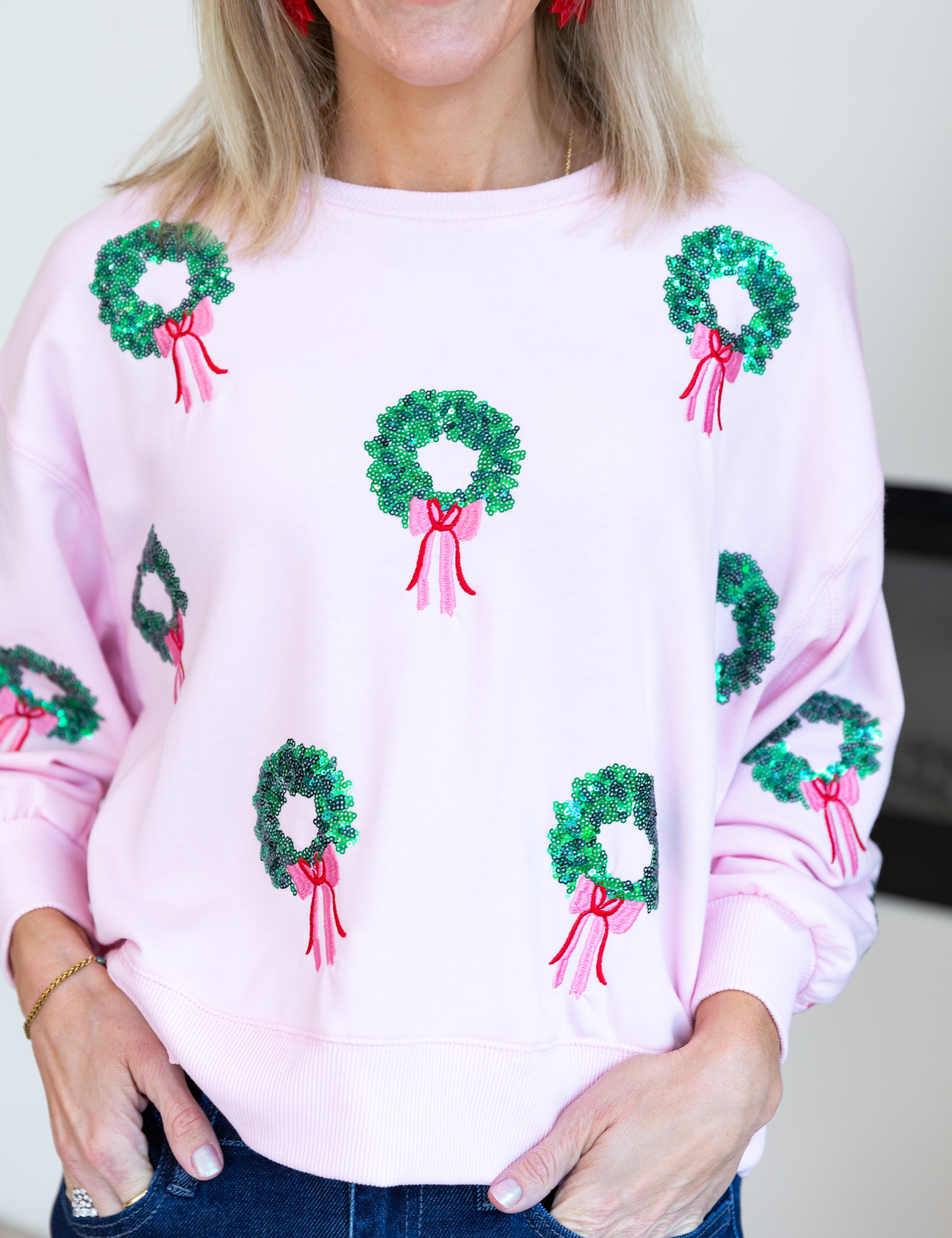 Mary Square - Millie Wreath Sequin Sweatshirt-210 Casual Blouses-MARY SQUARE-July & June Women's Fashion Boutique Located in San Antonio, Texas