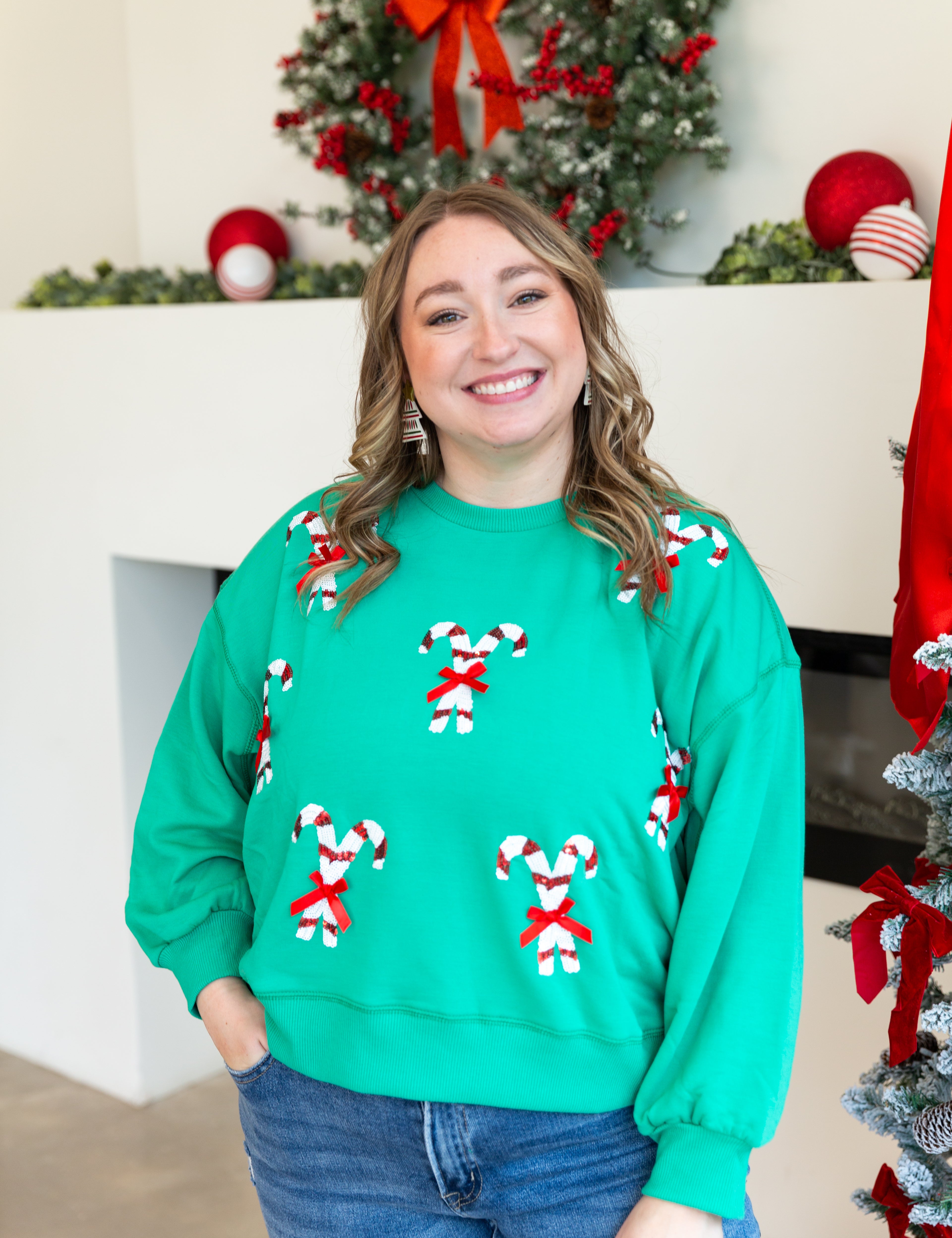 Mary Square - Millie Candy Canes Green Sweatshirt-210 Casual Blouses-MARY SQUARE-July & June Women's Fashion Boutique Located in San Antonio, Texas