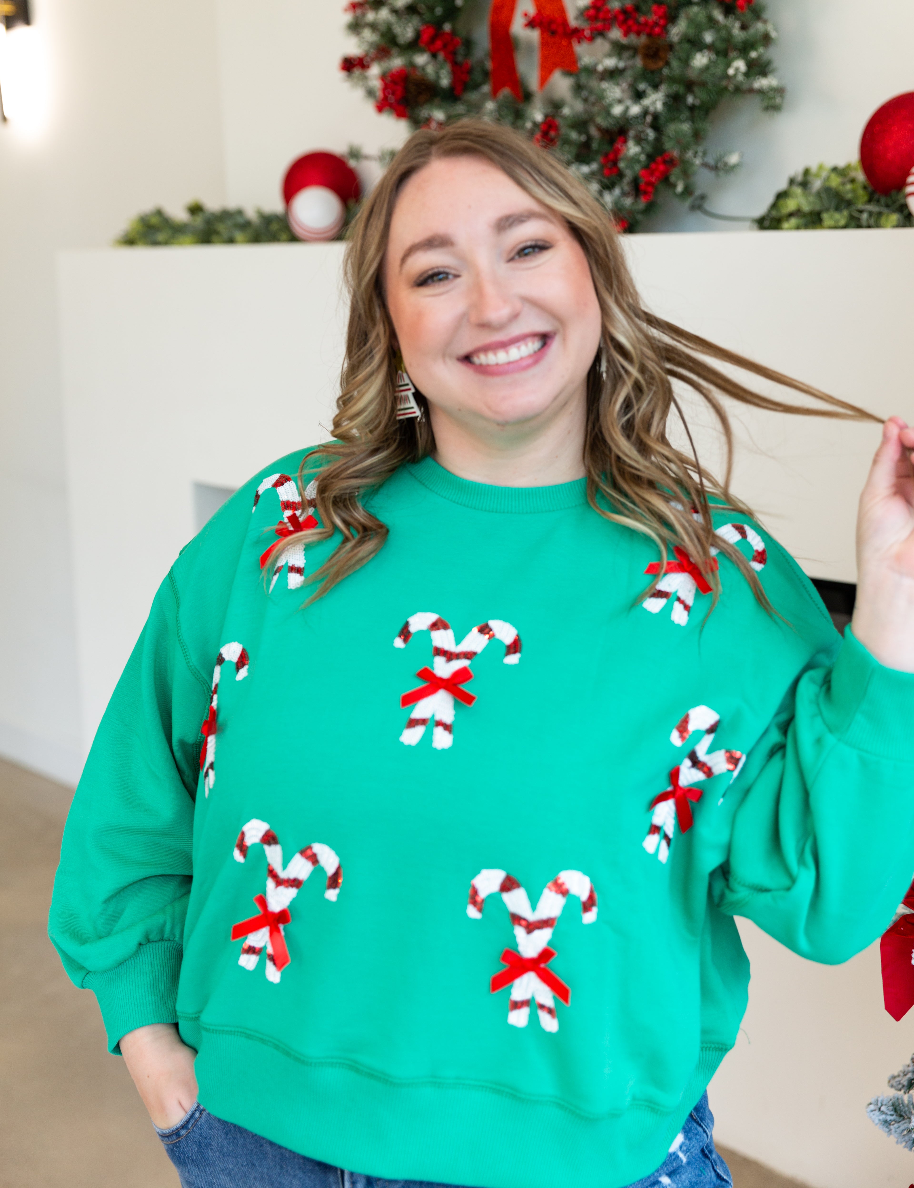 Mary Square - Millie Candy Canes Green Sweatshirt-210 Casual Blouses-MARY SQUARE-July & June Women's Fashion Boutique Located in San Antonio, Texas