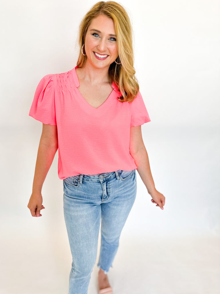 Neon Pink Smocked Detail Blouse-200 Fashion Blouses-JODIFL-July & June Women's Boutique, Located in San Antonio, Texas