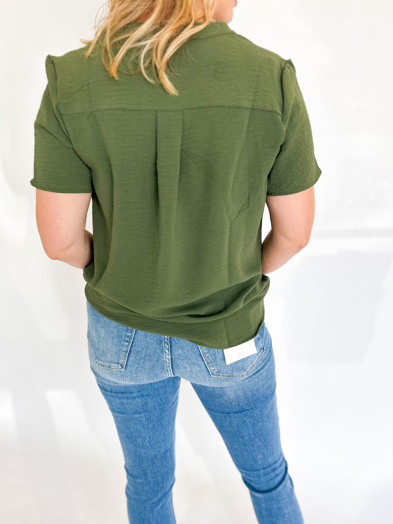 Classic V-Neck Blouse- Olive-200 Fashion Blouses-ENTRO-July & June Women's Fashion Boutique Located in San Antonio, Texas