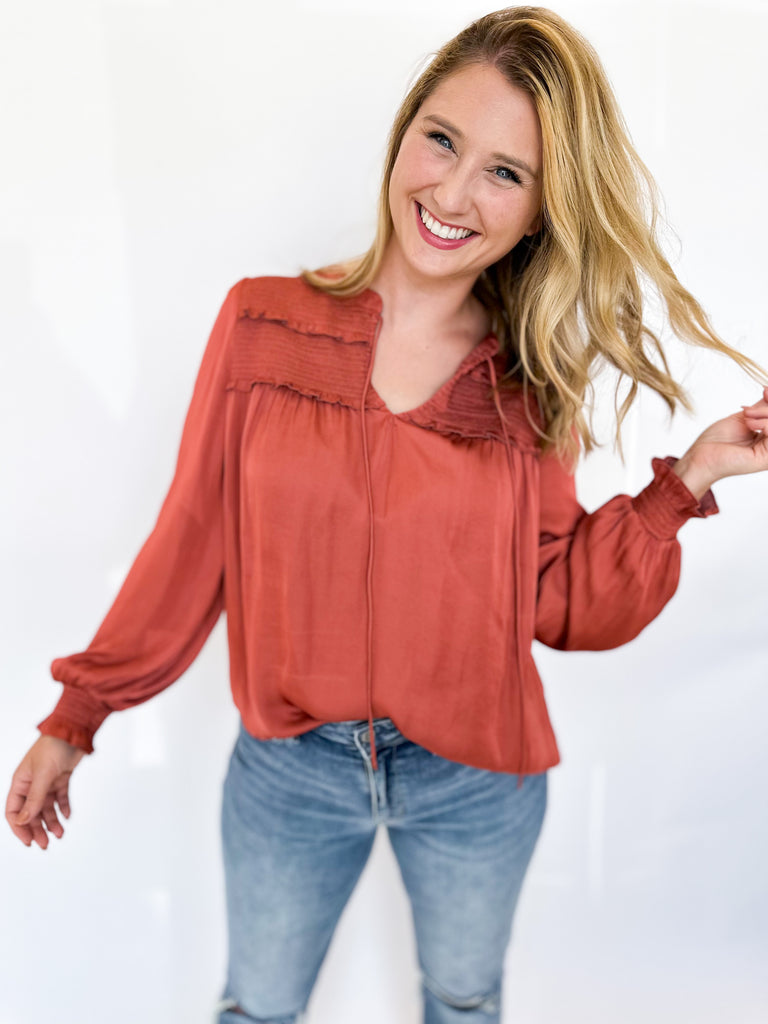 Rust Ruffle Peasant Blouse-200 Fashion Blouses-CURRENT AIR CLOTHING-July & June Women's Fashion Boutique Located in San Antonio, Texas