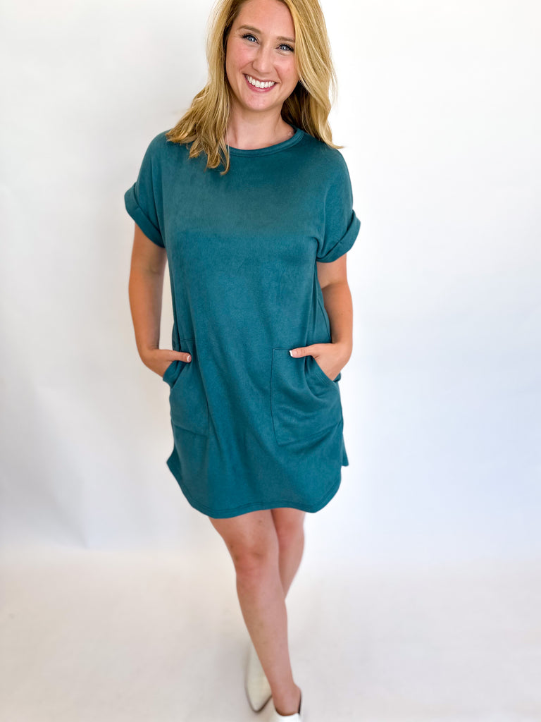 Everyday Suede Mini Dress - Emerald-510 Mini-ENTRO-July & June Women's Fashion Boutique Located in San Antonio, Texas