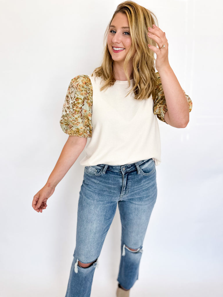 Exaggerated Floral Puff Sleeve Blouse- Cream-200 Fashion Blouses-ENTRO-July & June Women's Fashion Boutique Located in San Antonio, Texas