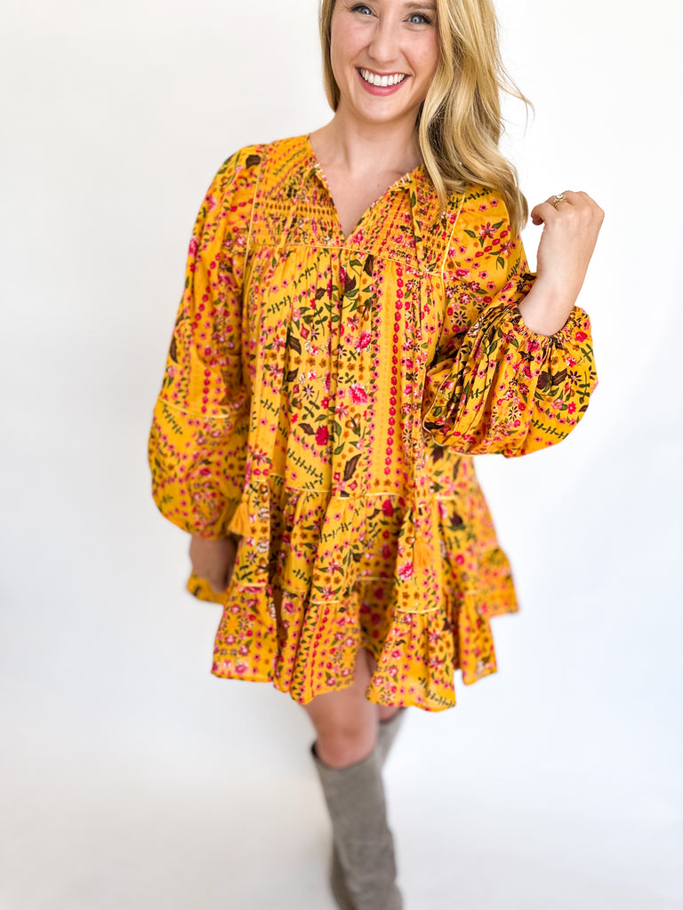 Mustard Floral Mini Dress-510 Mini-OLIVACEOUS-July & June Women's Fashion Boutique Located in San Antonio, Texas