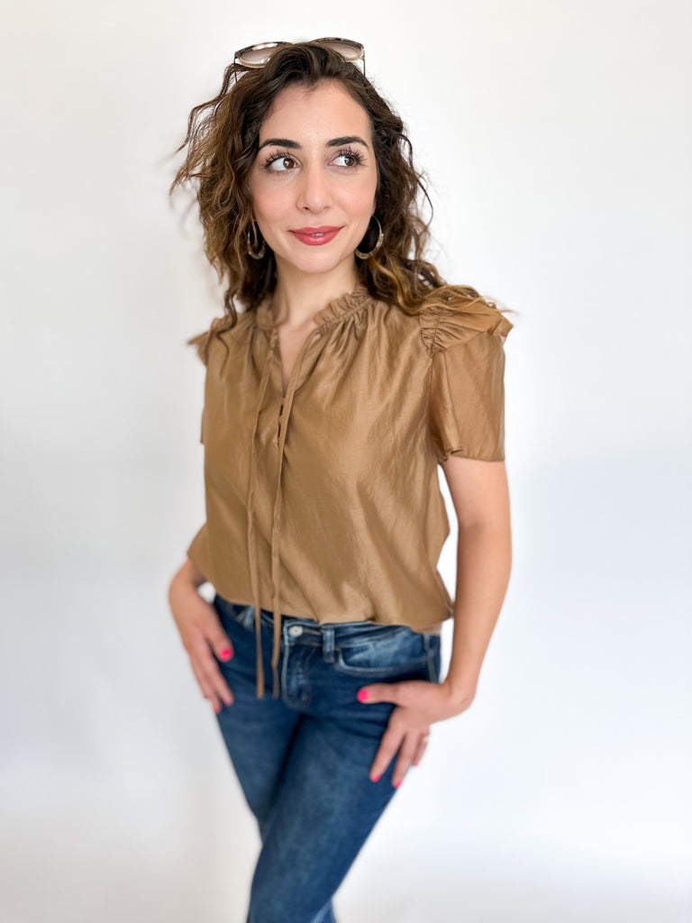 Dark Taupe Ruffle Blouse-200 Fashion Blouses-CURRENT AIR CLOTHING-July & June Women's Boutique, Located in San Antonio, Texas