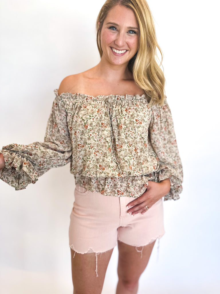 Cream Floral Off The Shoulder Blouse-200 Fashion Blouses-&MERCI-July & June Women's Fashion Boutique Located in San Antonio, Texas
