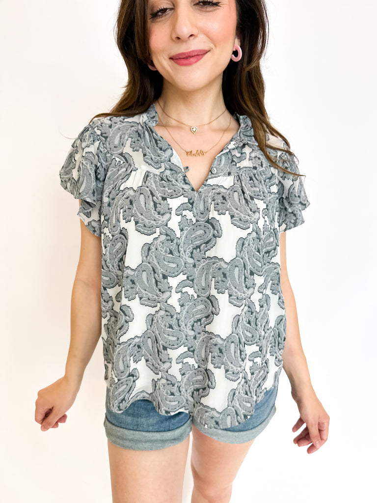 Floral Paisley Blouse - Navy-200 Fashion Blouses-CURRENT AIR CLOTHING-July & June Women's Boutique, Located in San Antonio, Texas