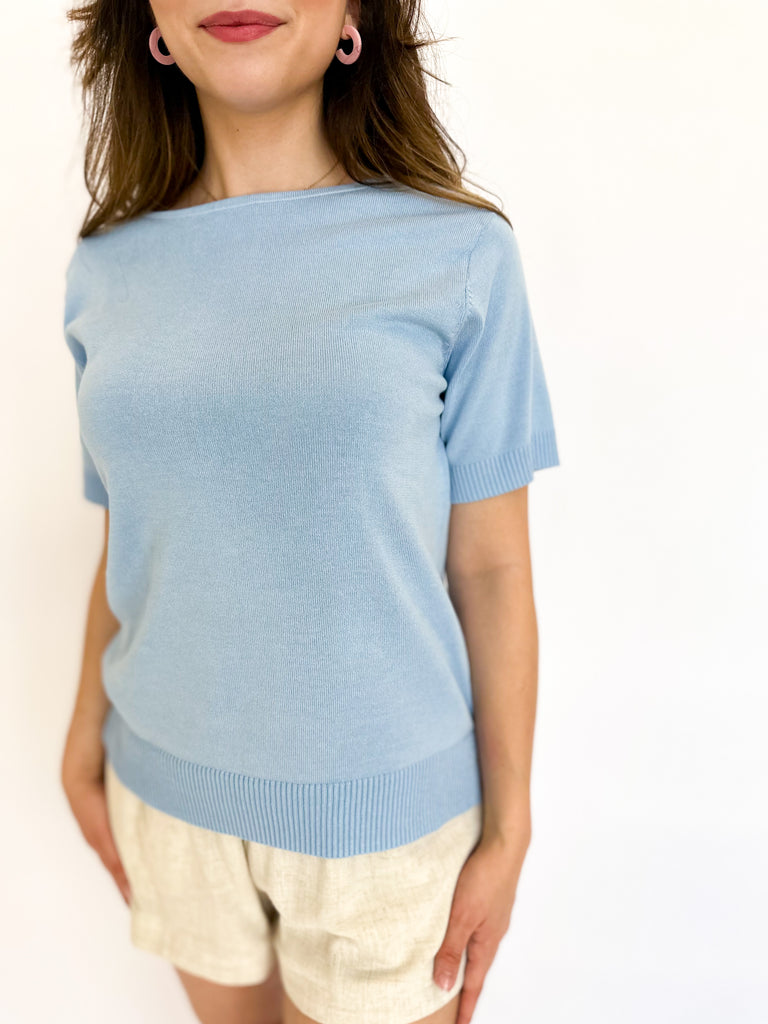 Casual Knit Tee - Blue-210 Casual Blouses-ALLIE ROSE-July & June Women's Boutique, Located in San Antonio, Texas