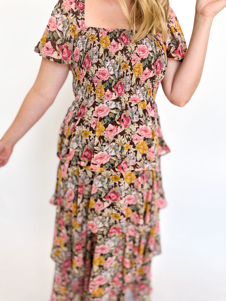 Fall Florals Midi Dress- Brown-500 Midi-ENTRO-July & June Women's Fashion Boutique Located in San Antonio, Texas