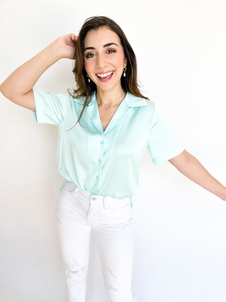 Satin Collar Button Down - Ice Blue-200 Fashion Blouses-SKIES ARE BLUE-July & June Women's Boutique, Located in San Antonio, Texas