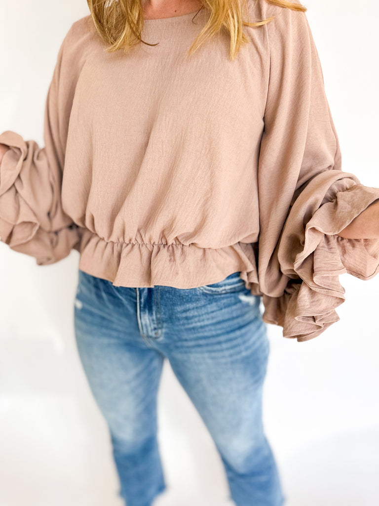Ruffle Romance Cropped Blouse - Taupe-200 Fashion Blouses-ENTRO-July & June Women's Fashion Boutique Located in San Antonio, Texas