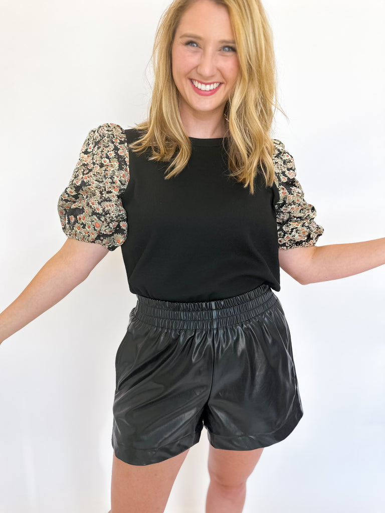 Faux Leather Elastic Shorts- Black-410 Shorts/Skirts-ENTRO-July & June Women's Fashion Boutique Located in San Antonio, Texas