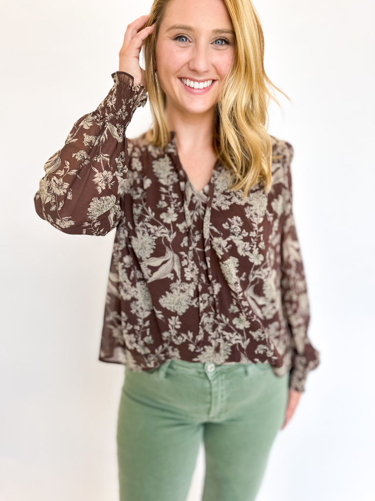 Vintage Floral Blouse- Chocolate-200 Fashion Blouses-&MERCI-July & June Women's Fashion Boutique Located in San Antonio, Texas