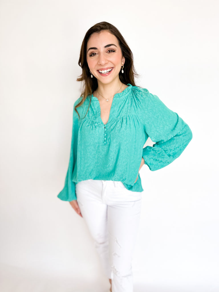 Turquoise Dainty Floral Blouse-200 Fashion Blouses-CURRENT AIR CLOTHING-July & June Women's Boutique, Located in San Antonio, Texas